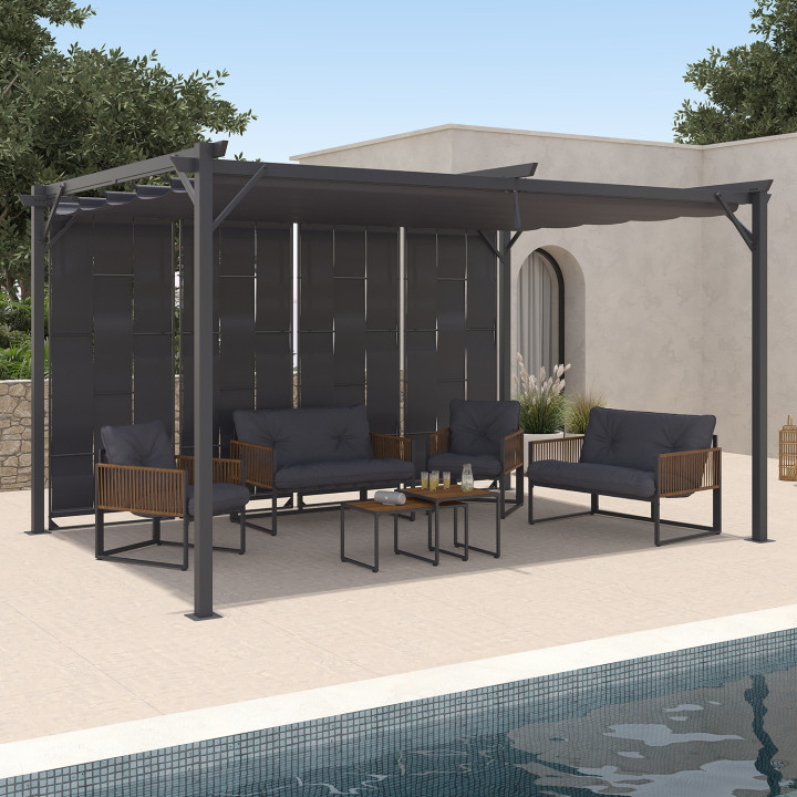 Pergola Persienne anthrazitgrau mit einziehbarem Dach und 4 modulierbaren Seitenteilen 3x4M | ID Market