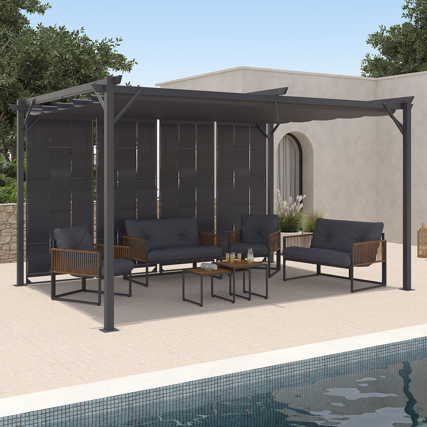 Pergola persienne 3x4 M gris anthracite avec toit rétractable et 4 pans modulables