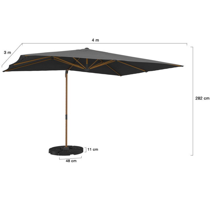 CALVI 360° draai-zwenkparasol, houtdecor mat en grijze stof 3X4M met hoes