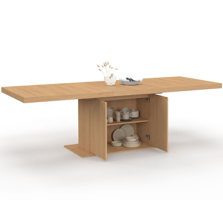 Table à manger extensible rectangle JULIETTE 8-12 personnes pied central effet lattes avec rangement 200-250 cm