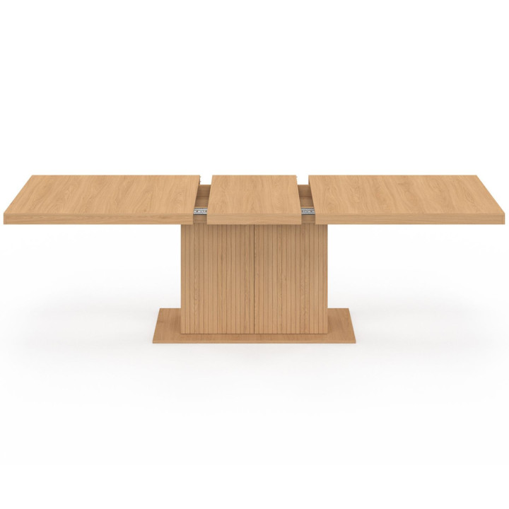 Table à manger extensible rectangle JULIETTE 8-12 personnes pied central effet lattes avec rangement 200-250 cm