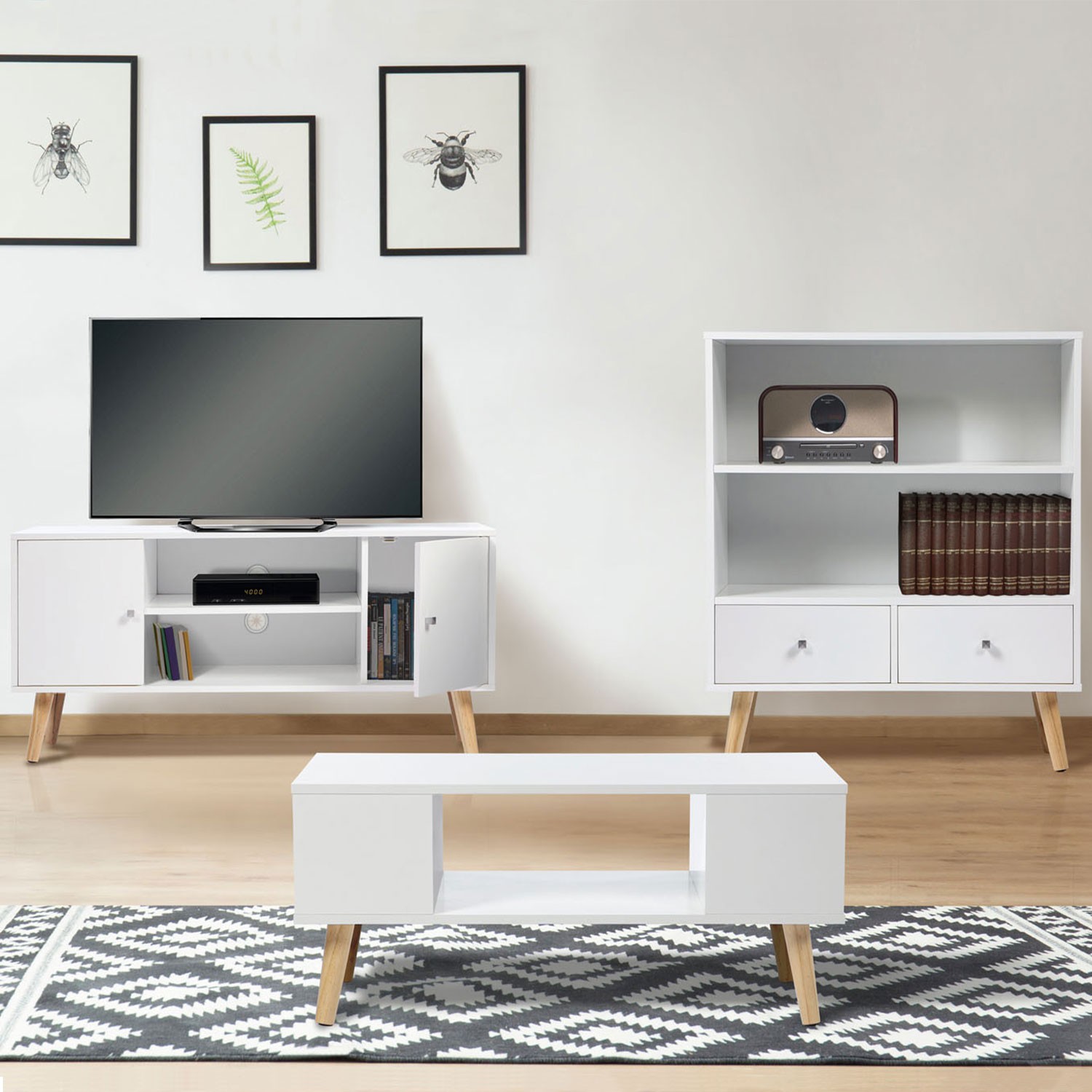 60 E-starain Meuble TV avec 1 Tiroirs Table Basse en Bois Scandinave Design， Chêne Claire，120 47cm 
