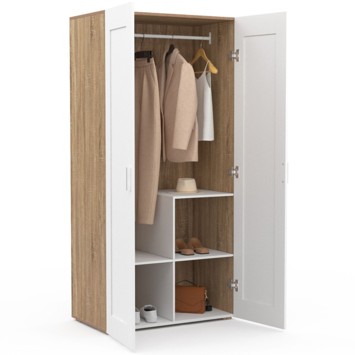 Armoire 2 portes VITO blanc et bois penderie 80 cm avec étagères rangement maxi capacité