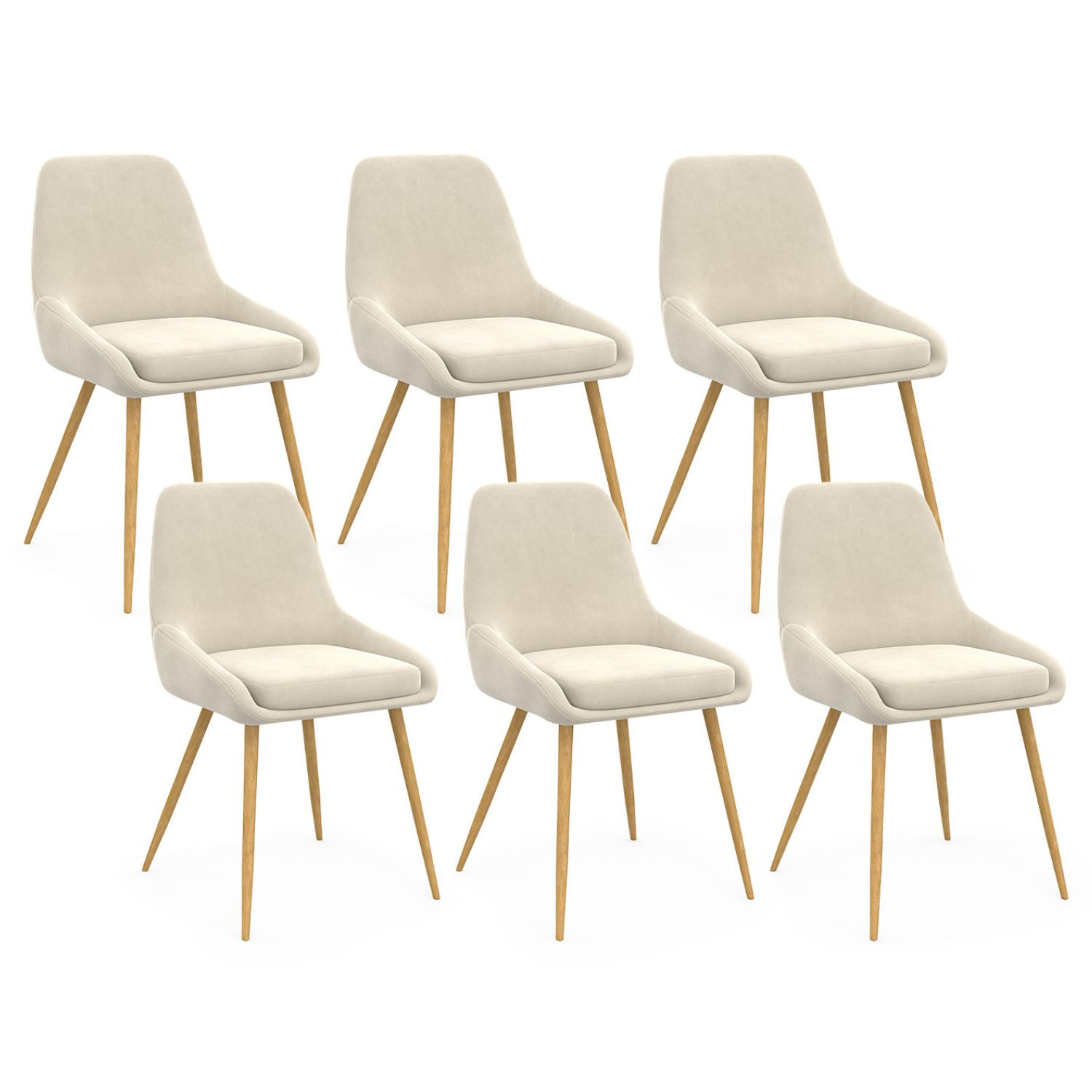 Lot de 6 chaises de salle à manger en velours beige et pieds effet bois avec accoudoirs