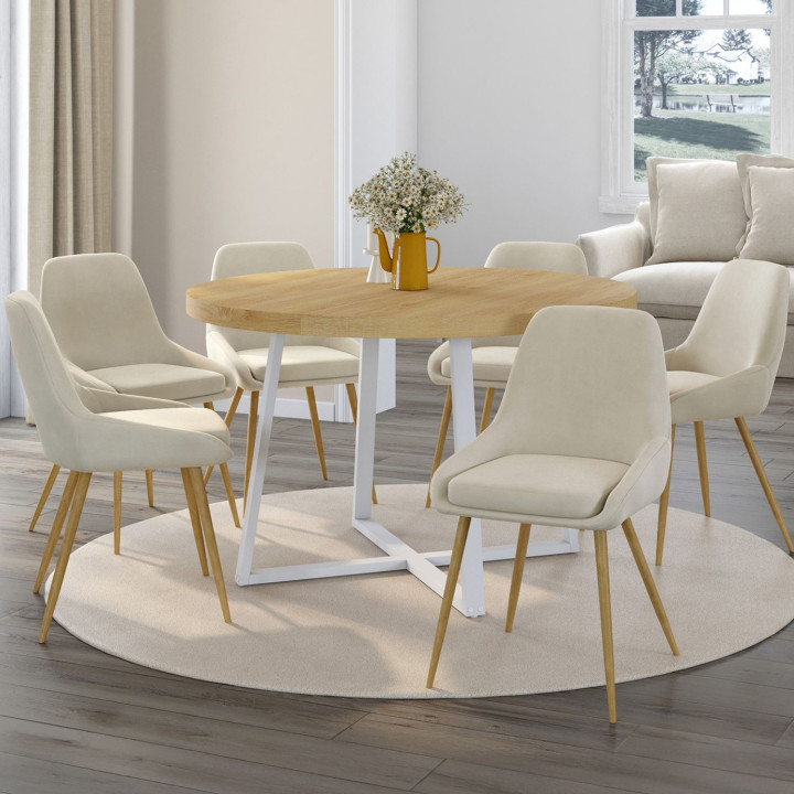 Set di 6 sedie da pranzo THALYA in velluto beige con gambe e braccioli effetto legno