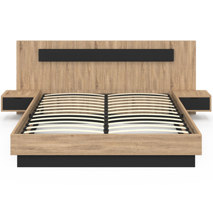 Letto matrimoniale SANTA con testiera + comodini integrati e rete a doghe in legno e nero da 160 x 200 cm