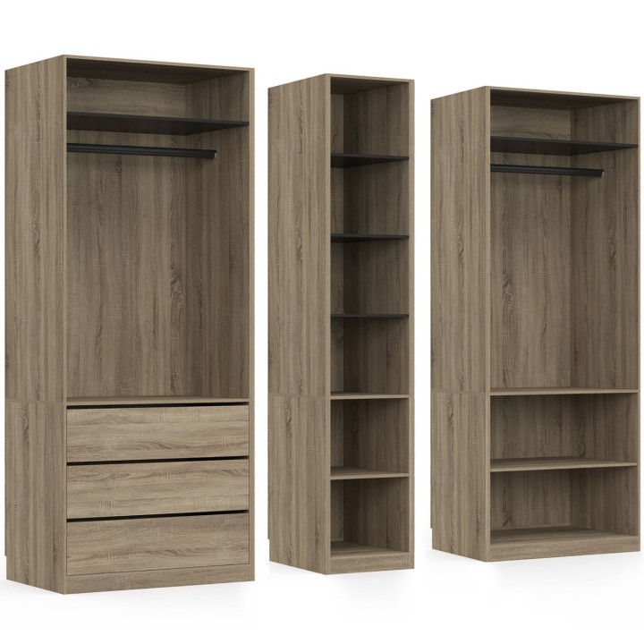 Modularer begehbarer Kleiderschrank TAYLOR 200 x 55 x 200 cm 3 Module mit Kleiderschränken + Regalen + Schubladen Buche und Schw