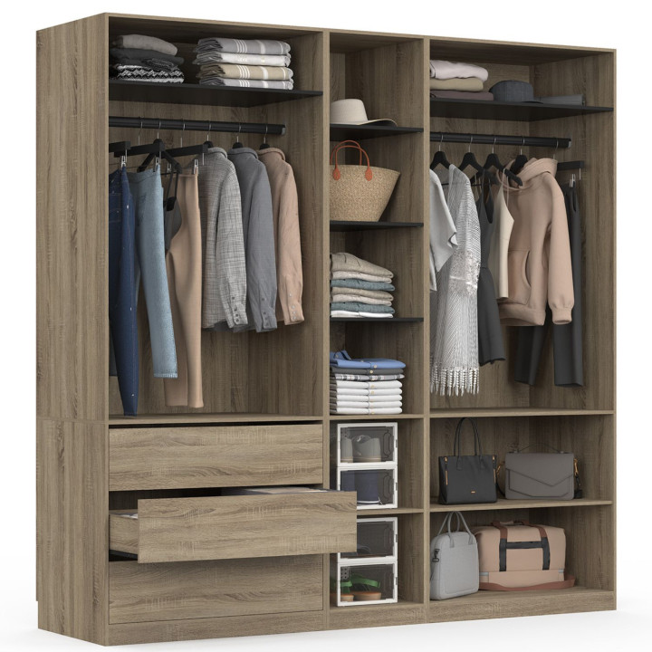 Armadio componibile TAYLOR 200 x 55 x 200 cm 3 moduli con armadi + ripiani + cassetti faggio e nero