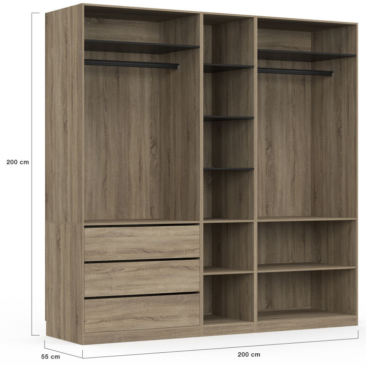 Modularer begehbarer Kleiderschrank TAYLOR 200 x 55 x 200 cm 3 Module mit Kleiderschränken + Regalen + Schubladen Buche und Schw