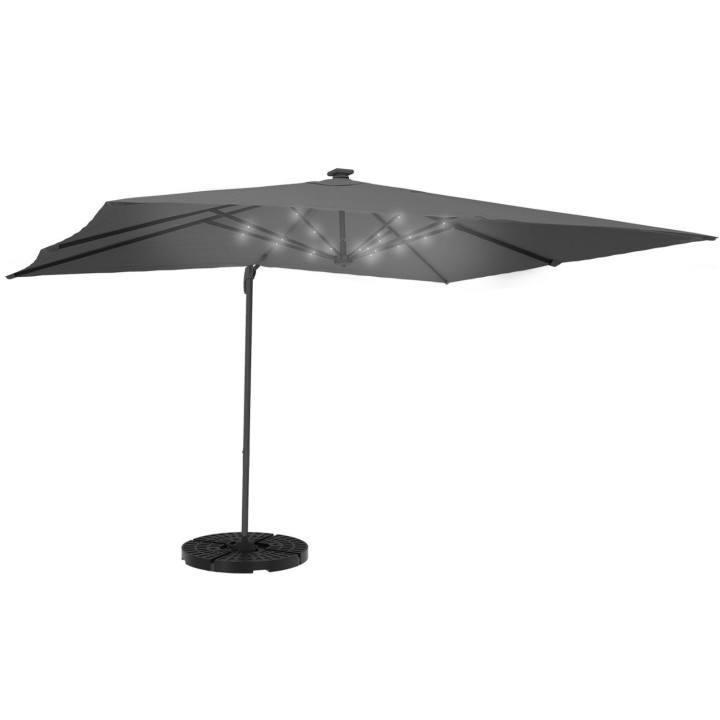 Parasol basculante giratorio 360° CALVI LED gris 3x4 M off-set con 4 paneles y cubierta