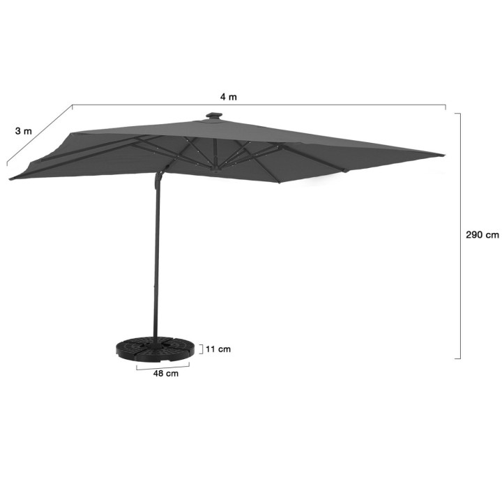 Parasol déporté inclinable rotatif 360 CALVI LED gris 3x4 M avec 4 dalles et housse