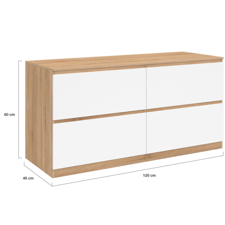 Meuble double vasque suspendu salle de bain TOMI 120 cm 4 tiroirs façon hêtre et blanc