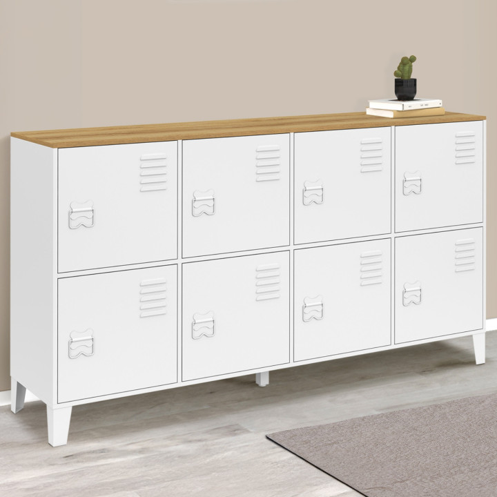 Buffet casier 139 cm ESTER 8 portes en métal blanc plateau bois design industriel