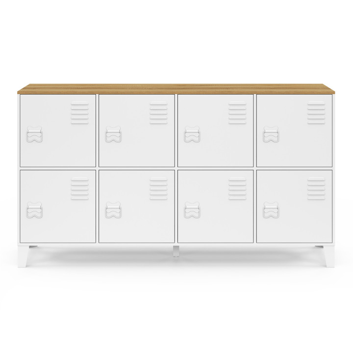 ESTER 139 cm Comò a 8 ante in metallo bianco con piano in legno dal design industriale