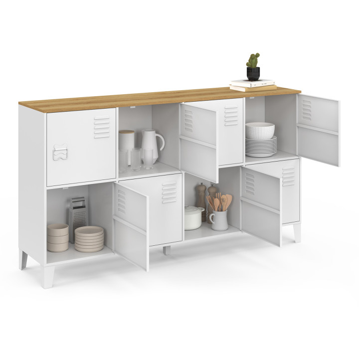 ESTER 139 cm 8-deurs wit metalen dressoir met industrieel design houten blad