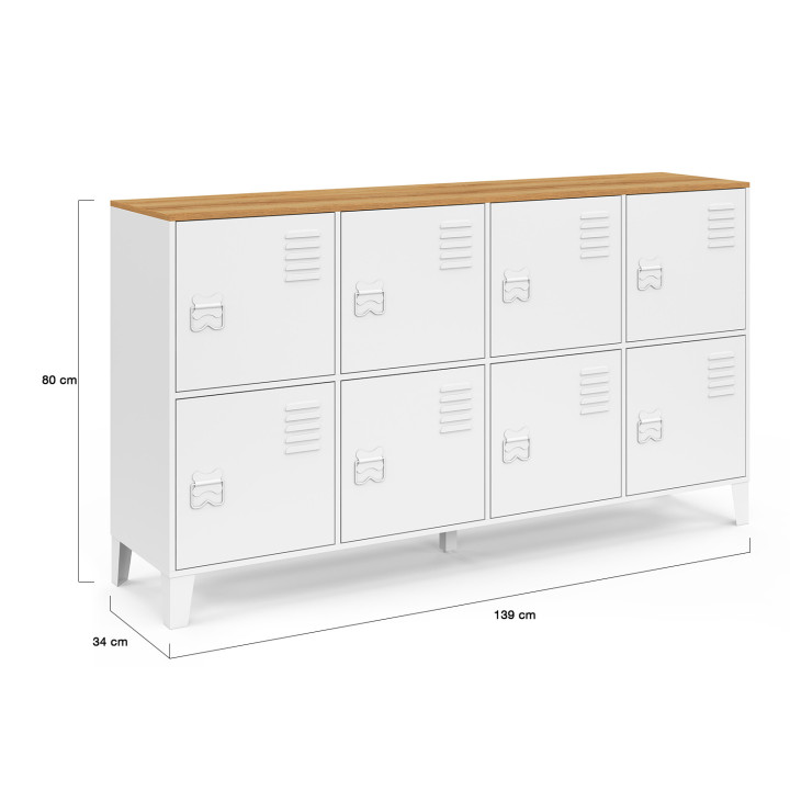 ESTER 139 cm 8-deurs wit metalen dressoir met industrieel design houten blad
