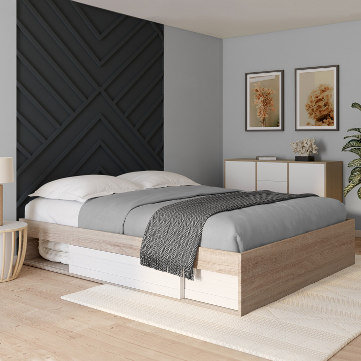 Hout en wit bedframe 160x200cm met opbergruimte en lattenbodem - SALEM | ID Market