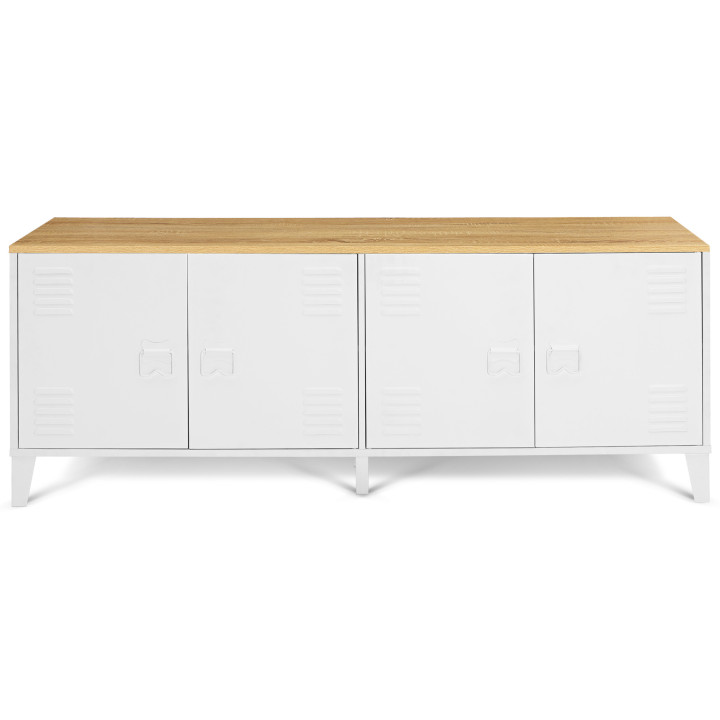 Buffet bas 140 cm ESTER 4 portes métal blanc plateau bois design industriel