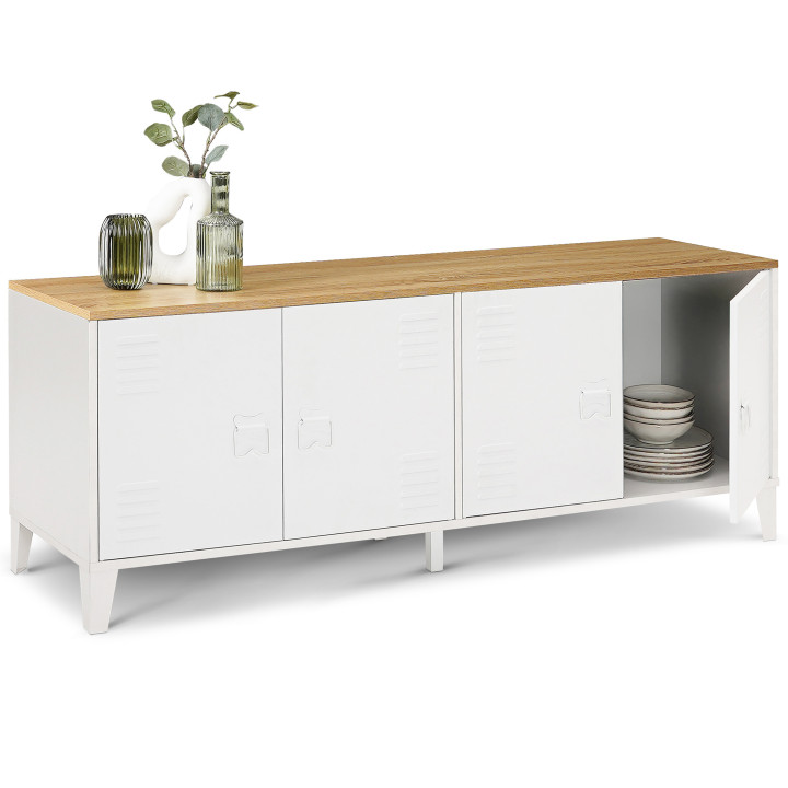 Credenza bassa industriale con 4 ante in metallo bianco e piano in legno - ESTER | ID Market