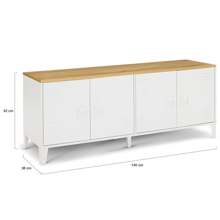 Industrieel laag dressoir met 4 witte metalen deuren en houten blad - ESTER | ID Market