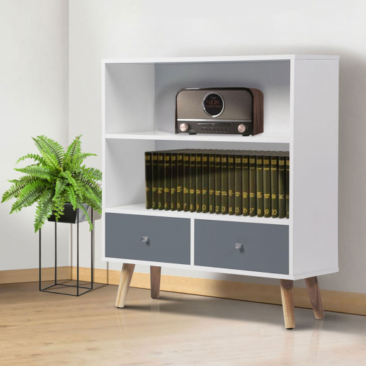 BIBLIOTHEQUE EFFIE BLANCHE/PORTES GRISES 80X29X90CM