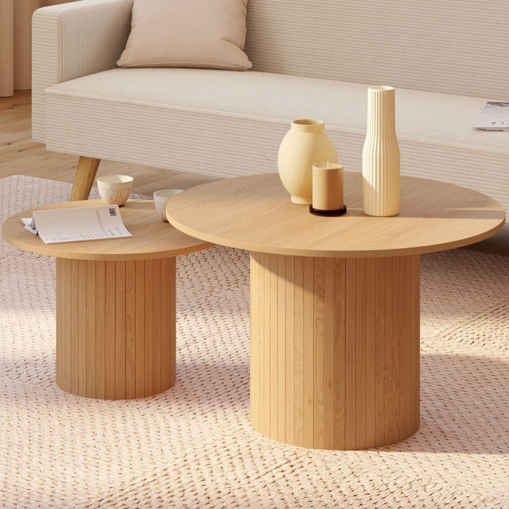 Lot de 2 tables basses rondes gigognes JULIETTE lattes tasseau bois coloris chêne