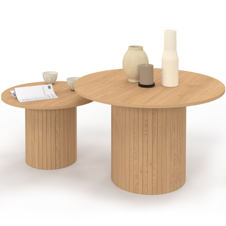 Set van 2 ronde salontafels 50/70 met eiken latten - JULIETTE | IdMarket