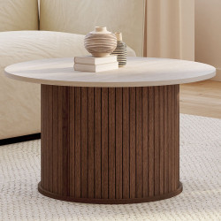 JULIETTE 70 cm ronde salontafel met notendecor latten en travertin blad