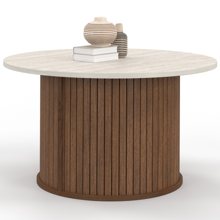 JULIETTE 70 cm ronde salontafel met notendecor latten en travertin blad