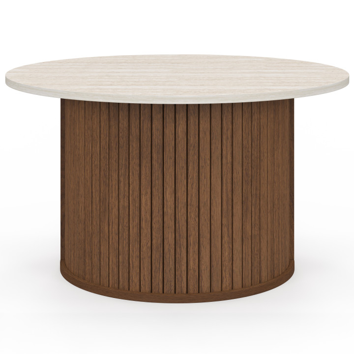 Table basse ronde MARLA 70 cm lattes effet noyer et plateau marbre blanc ALASKA