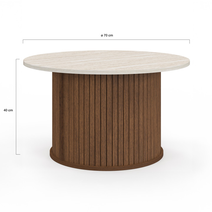 JULIETTE 70 cm ronde salontafel met notendecor latten en travertin blad