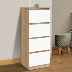 Meuble d'appoint 4 tiroirs TOMI 30 cm chiffonnier bois façon hêtre et blanc pour entrée salle de bain