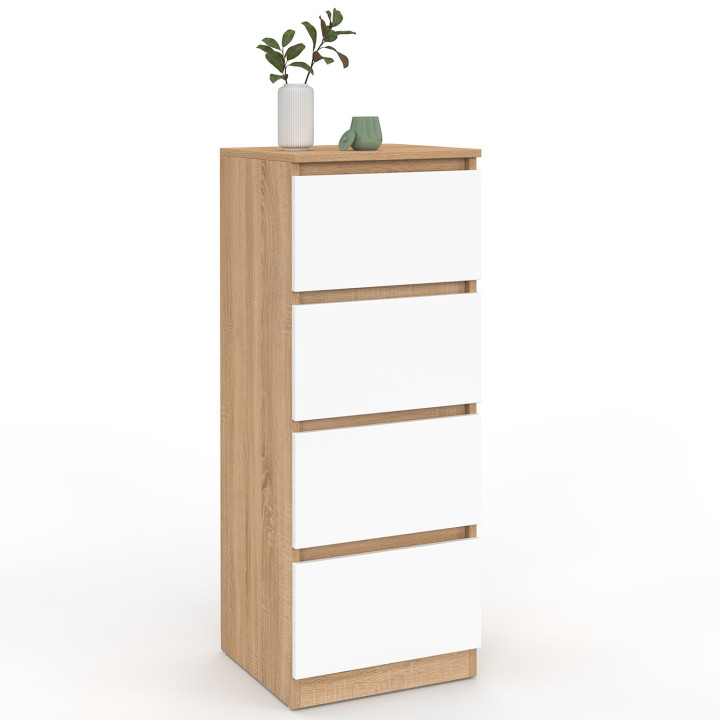 Mobile laterale a 4 cassetti TOMI 30 cm in faggio e chiffoniera bianca per ingresso bagno