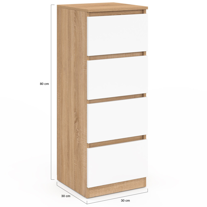 Beistellmöbel mit 4 Schubladen TOMI 30 cm Lumpenhalter aus Holz in Buchenoptik und weiß für den Eingang zum Badezimmer