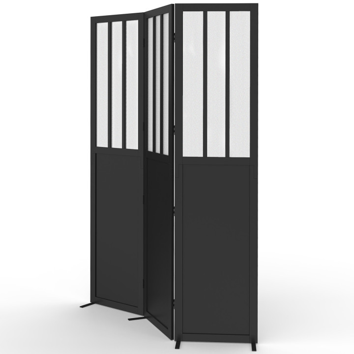 Paravent intérieur verrière atelier noir et vitres opaques