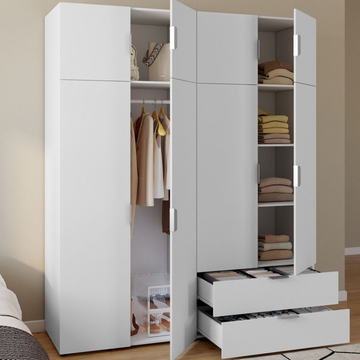 Armoire 4 portes MINA blanc penderie 160 cm avec 2 rangements hauts et 2 tiroirs