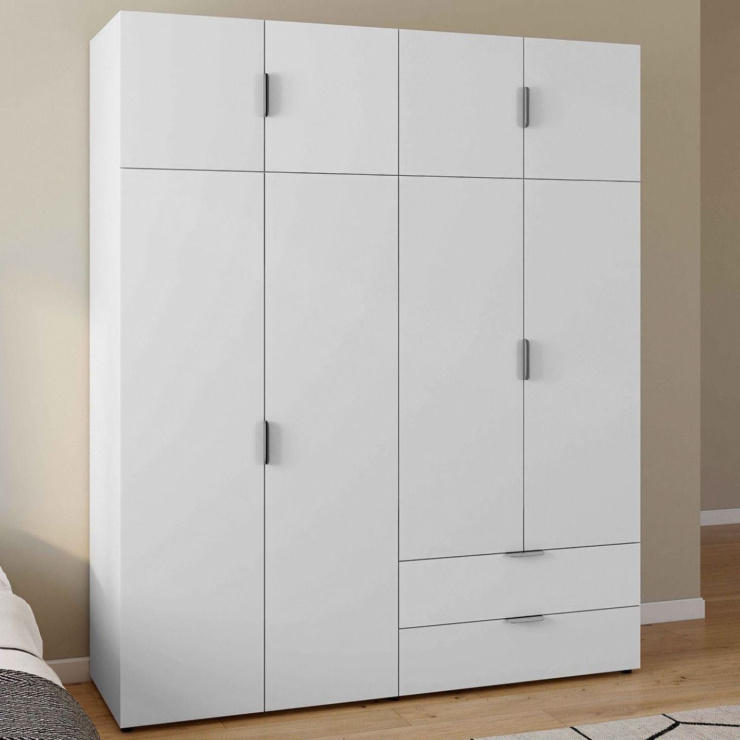 Schrank 4-türig weiß Kleiderschrank 160 cm mit 2 hohen Ablagen und 2 Schubladen