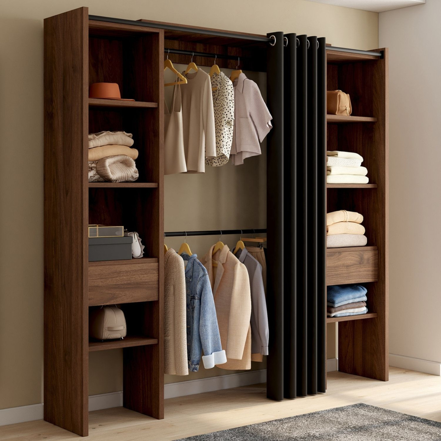 Dressing extensible double 120/180 x 50 x 180 cm noyer avec étagères ...