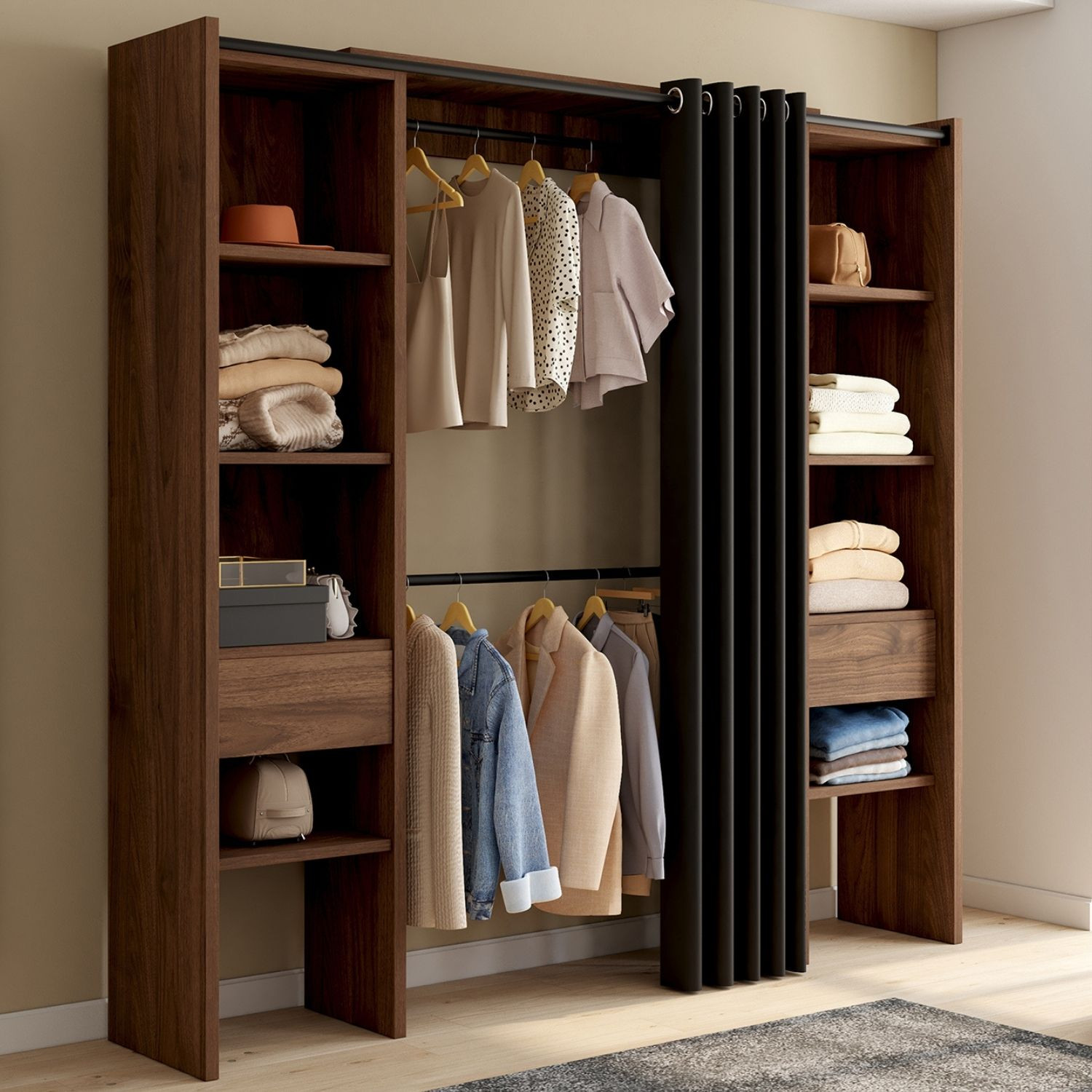 Dressing extensible double 120/180 x 50 x 180 cm noyer avec étagères + double penderie + rideau noir