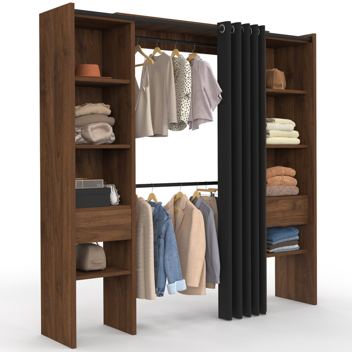 Doppeltes ausziehbares Ankleidezimmer MERYL 120/180 x 50 x 180 cm Nussbaum mit Regalen + doppelter Garderobe + schwarzer Vorhang