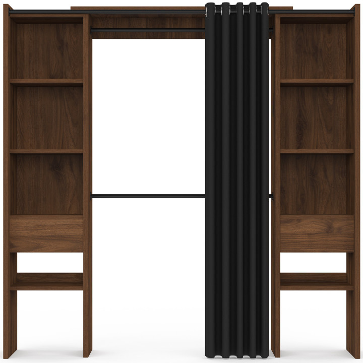 Doppeltes ausziehbares Ankleidezimmer MERYL 120/180 x 50 x 180 cm Nussbaum mit Regalen + doppelter Garderobe + schwarzer Vorhang
