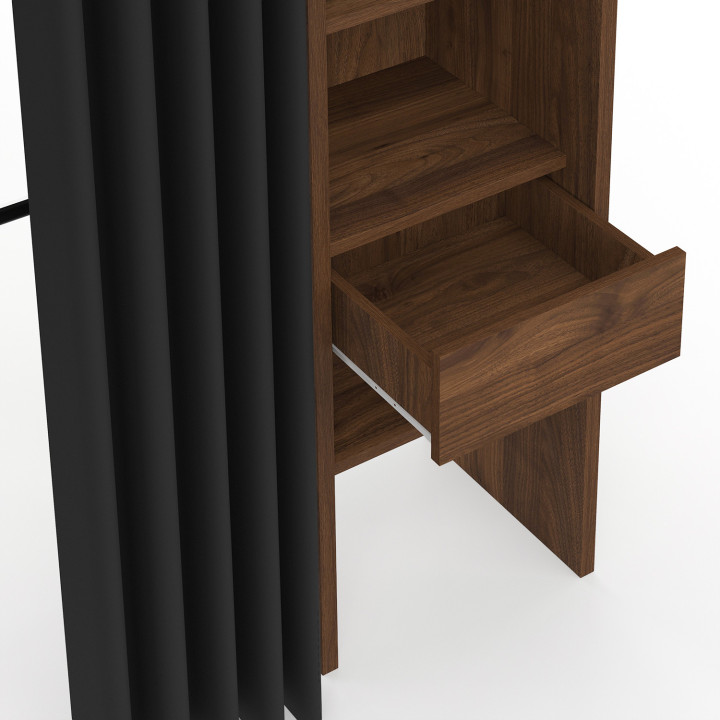 Doppeltes ausziehbares Ankleidezimmer MERYL 120/180 x 50 x 180 cm Nussbaum mit Regalen + doppelter Garderobe + schwarzer Vorhang