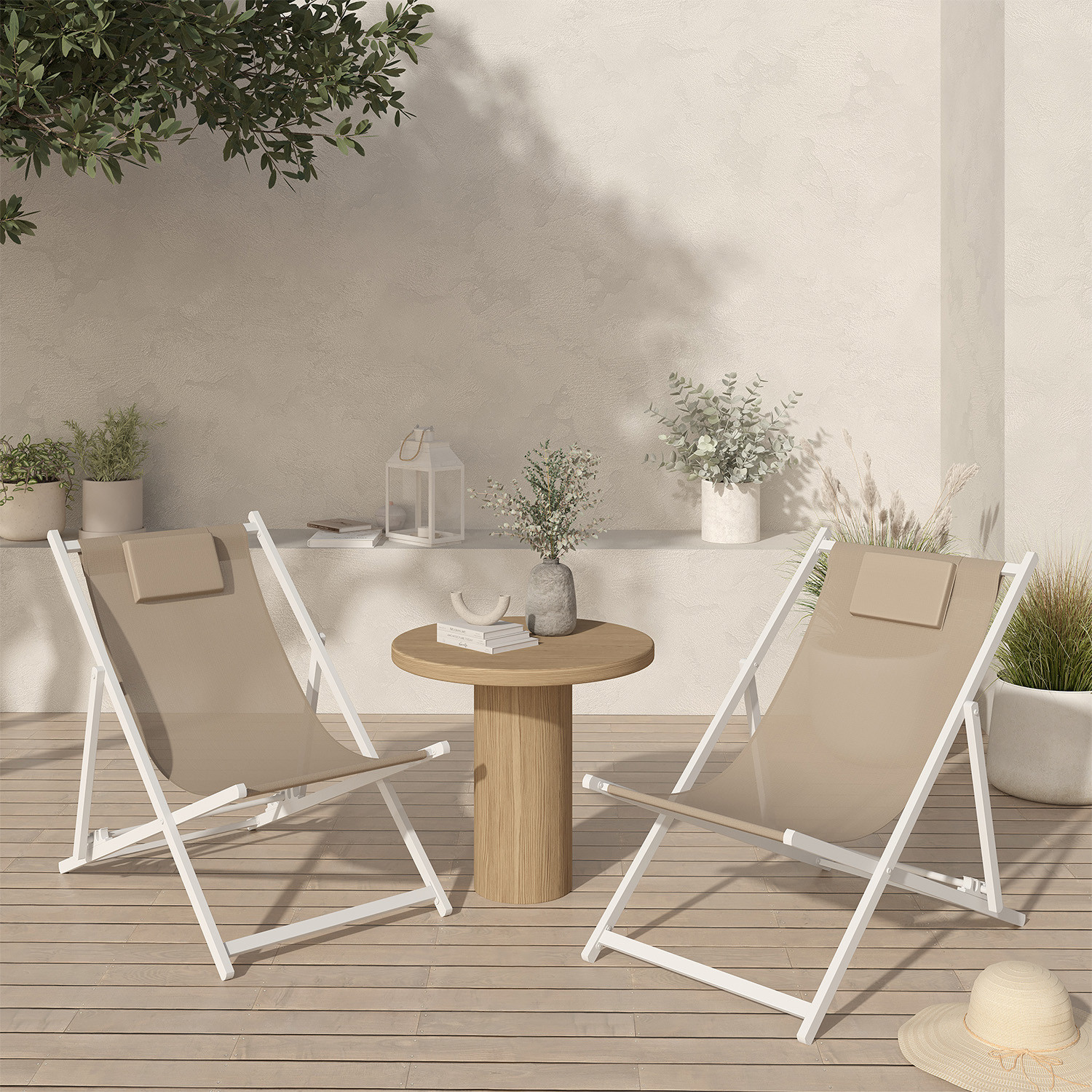 Lot de 2 chiliennes en métal blanc toile textilène beige