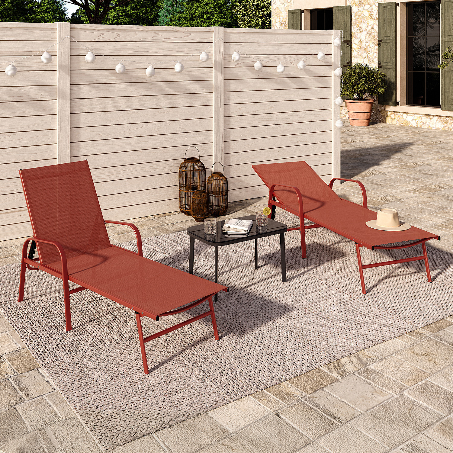 Lot de 2 transats de jardin inclinables en acier et toile terracotta