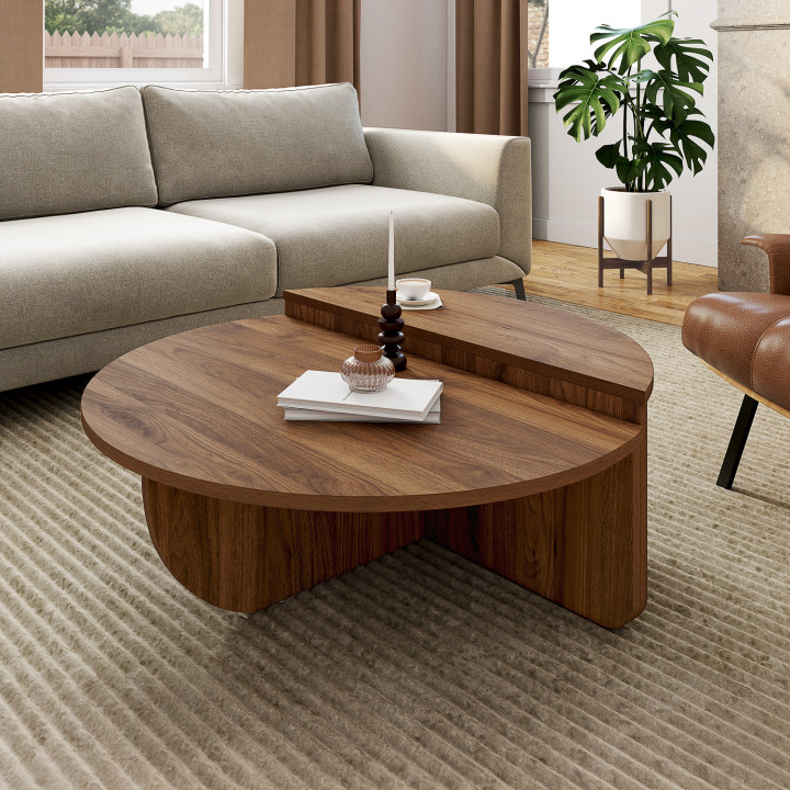 Set di 2 tavolini rotondi asimmetrici effetto noce GUILIA 90 cm