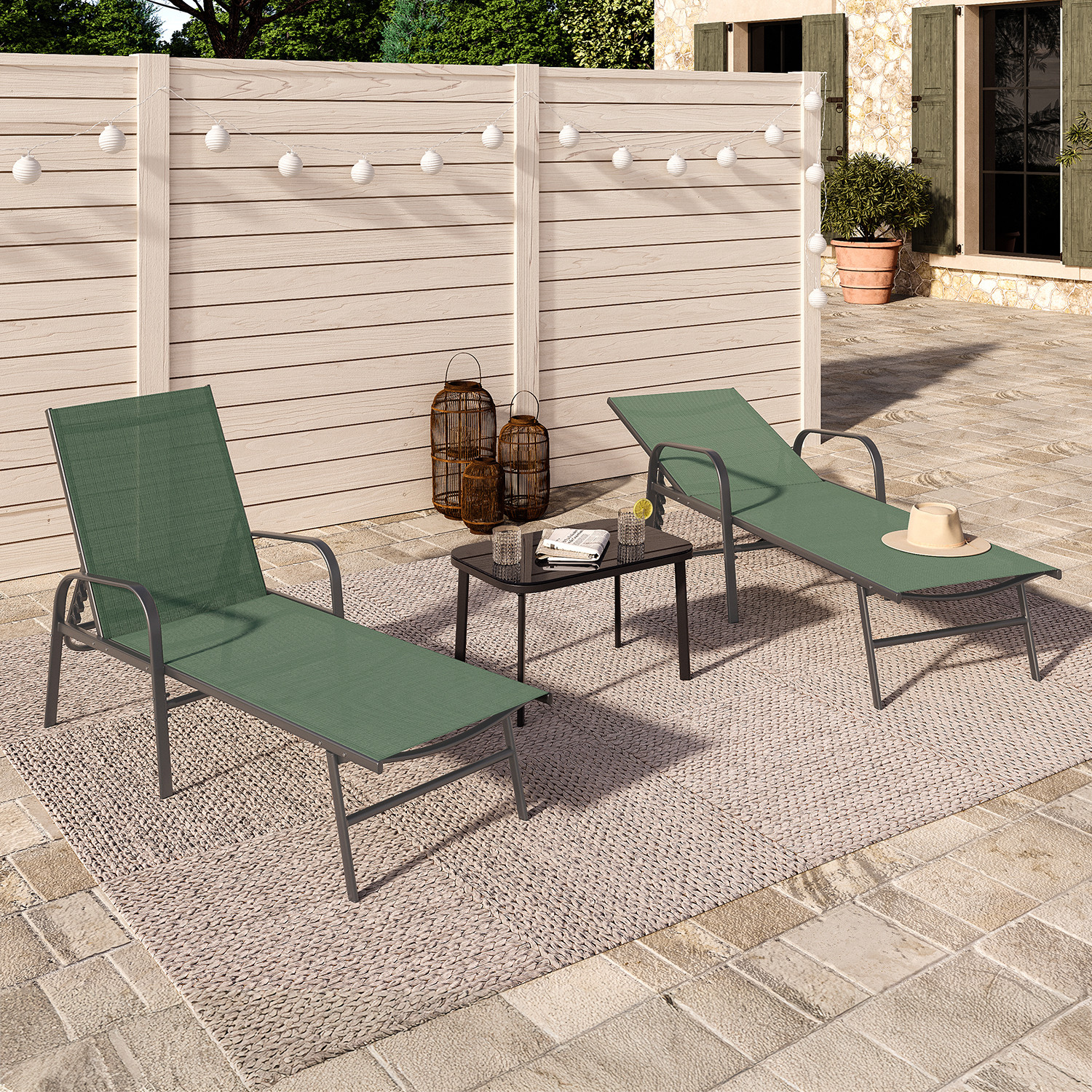 Lot de 2 transats de jardin inclinables en acier et toile vert olive