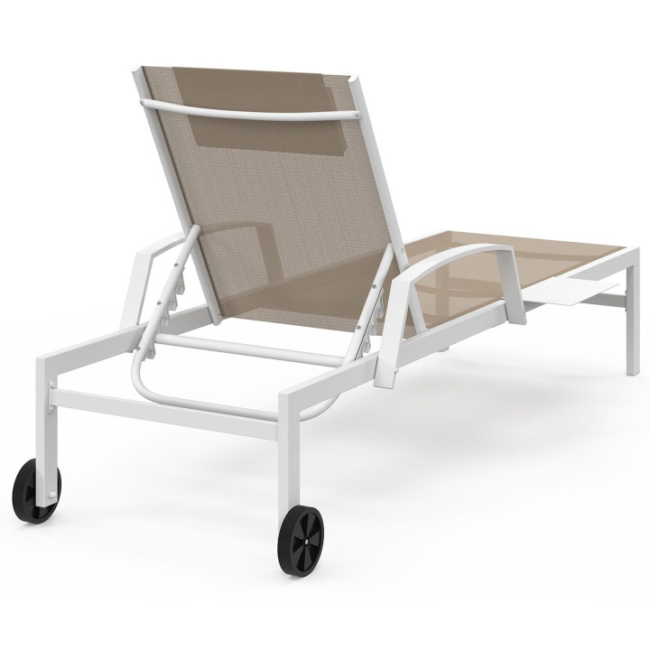 Lot de 2 transats de jardin inclinables JAVA avec tablettes en acier blanc et toile beige