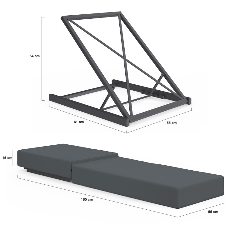 Zwembadbed, comfortabel ligbed met metalen rugleuning met 4 standen en grijs matras