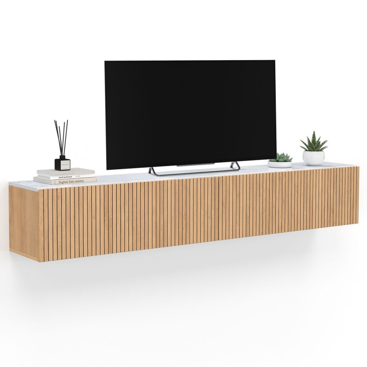 JULIETTE 180 cm hangend TV-meubel met marmeren blad en eikenhouten latten
