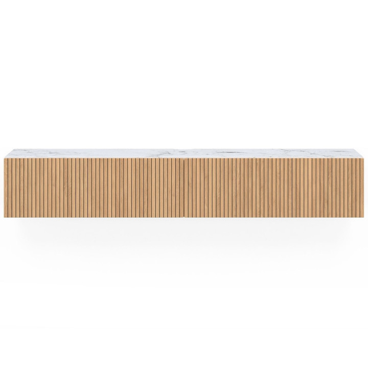 Meuble TV 180 cm suspendu JULIETTE plateau effet marbre lattes tasseau bois coloris chêne